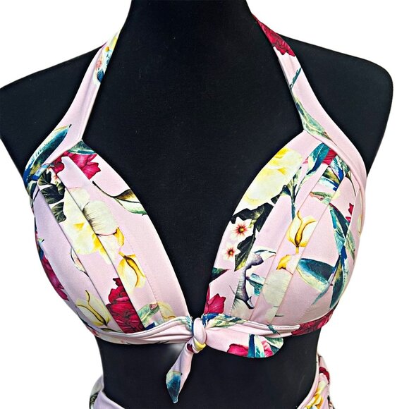 Unique Vintage Two Piece Floral Swimwear Matching Set Halter Top Hi-Rise Bottom - Picture 5 of 12